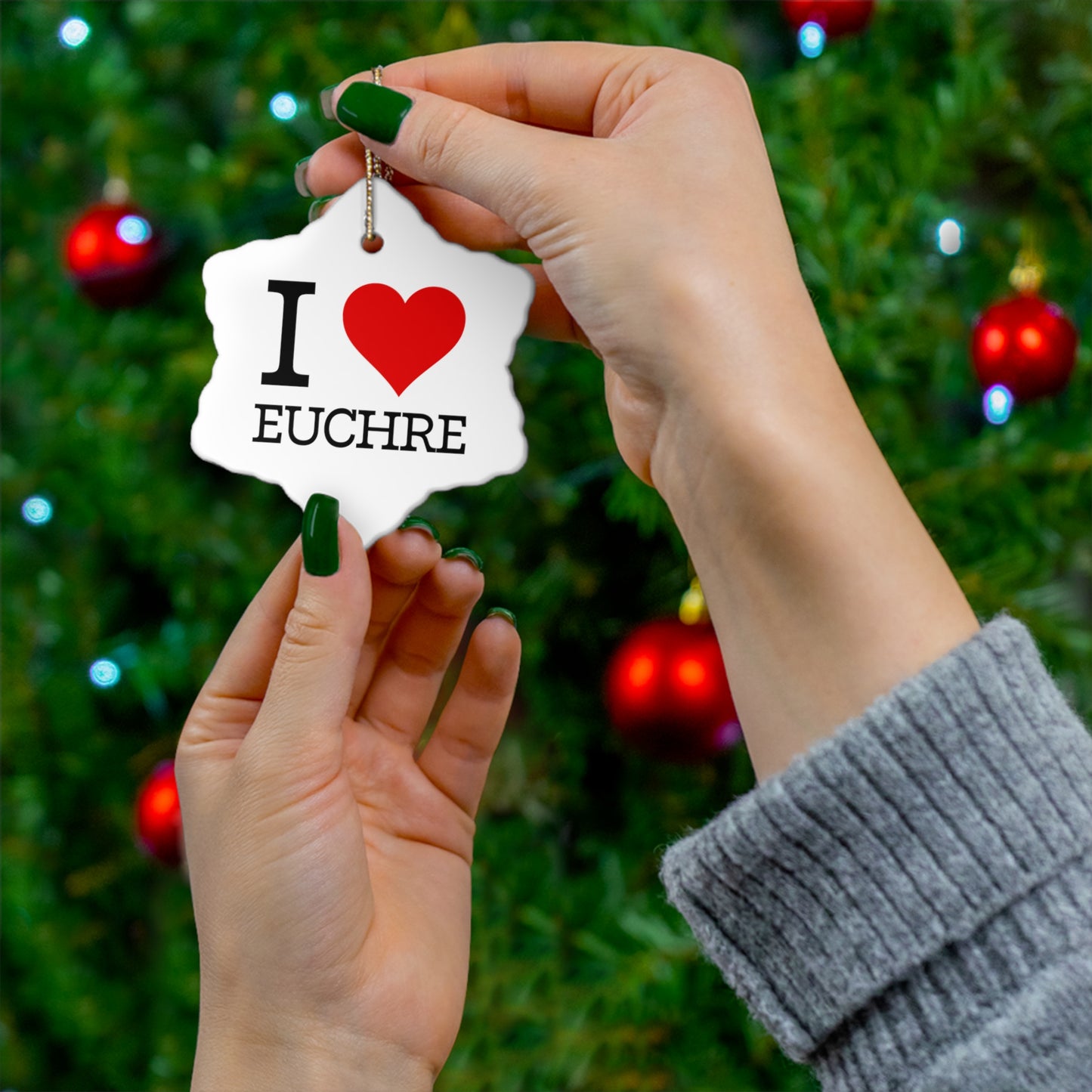 "I ❤️ Euchre" Ceramic Ornament